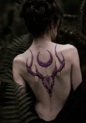 Crescent moon and deer skull illustrative back tattoo design placement mockup by Kristina Vishar