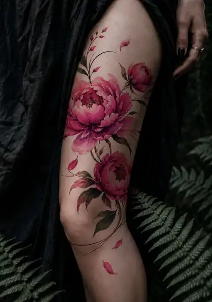 Pink peony floral leg tattoo design placement mockup by Kristina Vishar