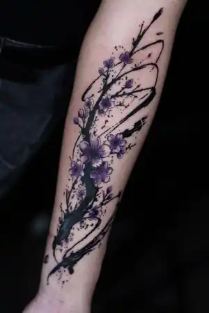 Purple watercolour floral forearm tattoo by Kristina Vishar